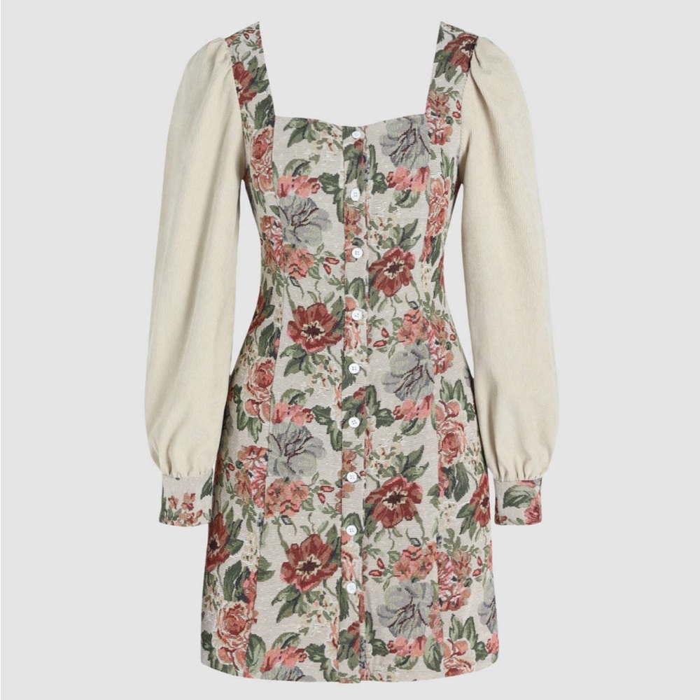 Retro Floral Corduroy Patchy Mini Dress
